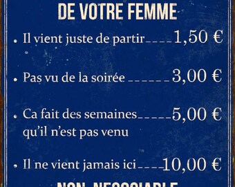 Plaque Humour "Les Tarifs Du Bar" | Aluminium 20x30 Cm | Déco Murale Fun, Cadeau Apéro | Imperméable