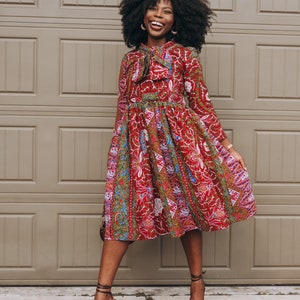 African print red dress long sleeve ankara dress with pockets,African print fashion,plus size,mixed print dress,black panther,winter.