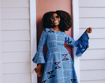 blue flare sleeve dress Blue Flared Long Sleeve Chiffon Maxi Dress – shopaleena main image 0