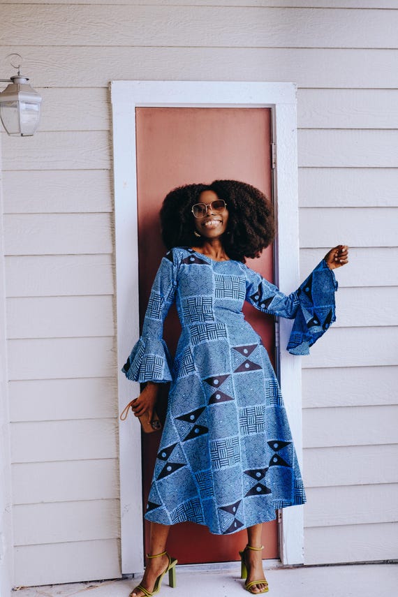 Blue Ankara Midi Dress: African Print Flare Sleeve Summer Dress
