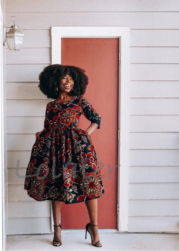 African Black and Red Print Midi Summer Dress