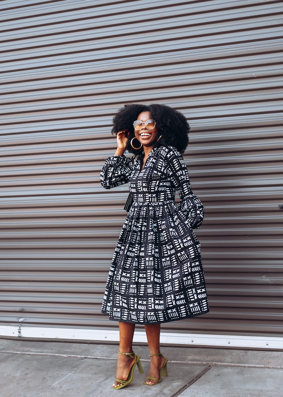 African Black & White dress Puff Long Sleeve