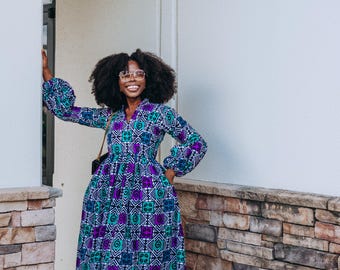 cotton african dresses African Off-Shoulder Layered Midi Dress  100% Cotton w/ Smocked Waist &  Headwrap  Satsuma African Clothing