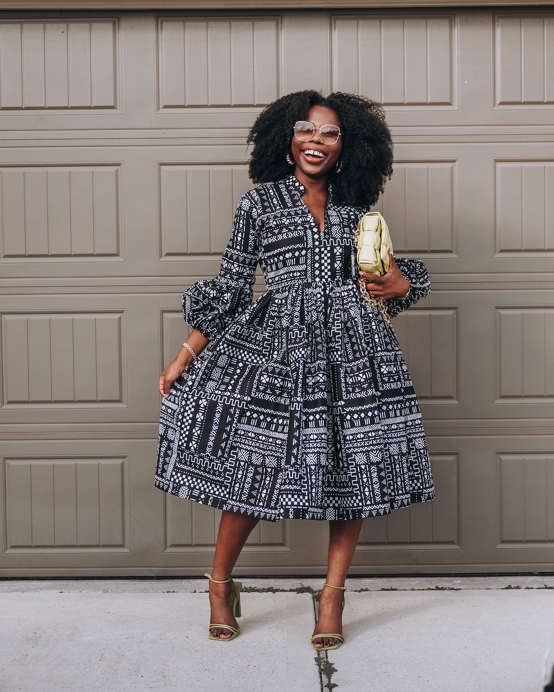 black and white african print dress Authentic African Print Big Button Tunic Dress – MAGOS African Fashions main image 1