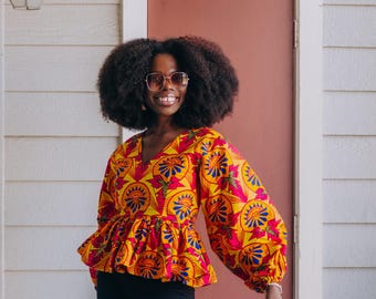 African Print Puff Sleeve Top Blouse Long Sleeve V Neck - Etsy