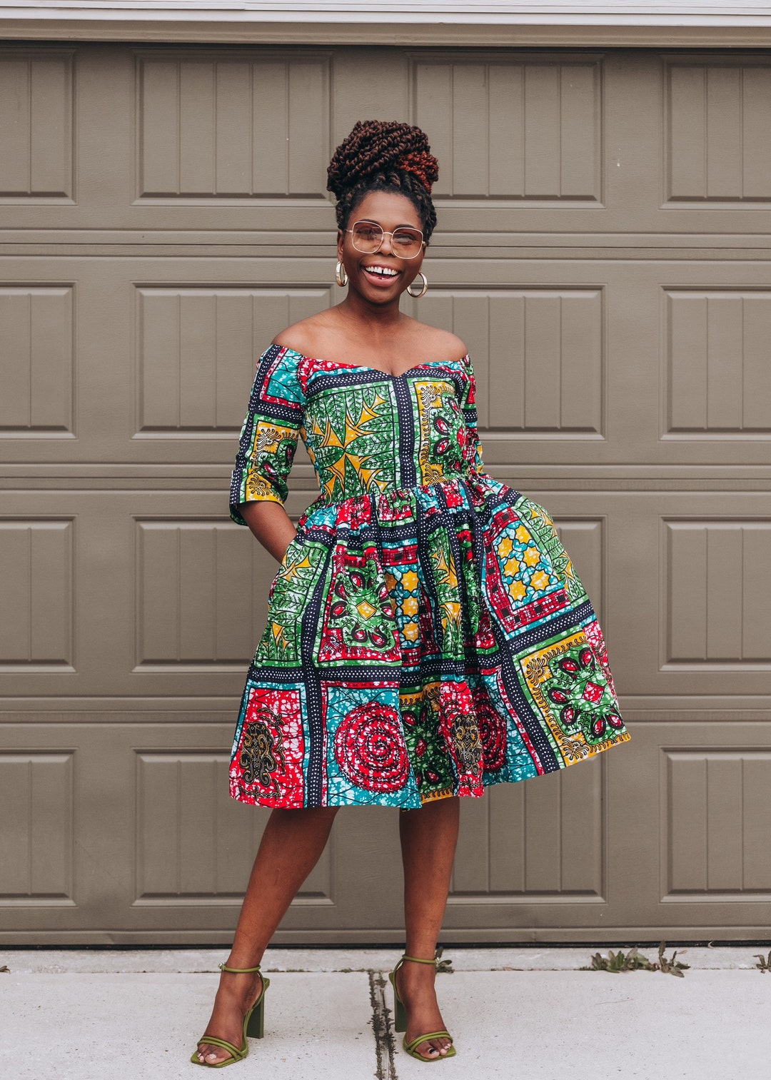 off shoulder dress african print Blue Multi / One Size Green Multi Yellow Red Off Shoulder African