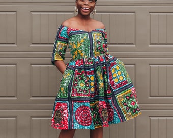 Green Dress Off Shoulder African print