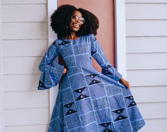 Blue Ankara Midi Dress: African Print Flare Sleeve Summer Dress