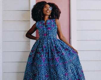 African Blue Sleeveless Print Summer Dress