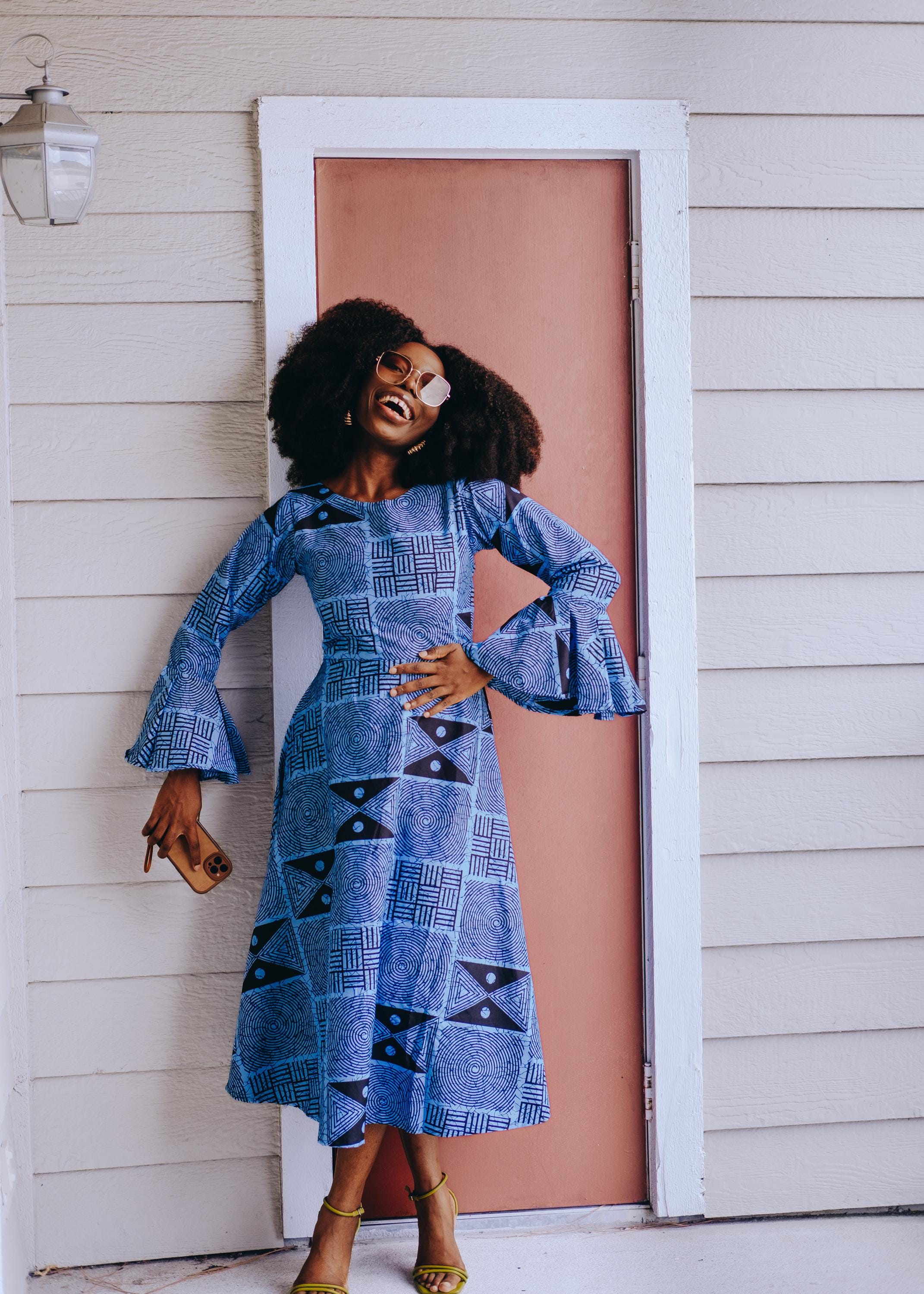 Blue Ankara Midi Dress: African Print Flare Sleeve Summer Dress Blue Ankara Midi Dress: African Print Flare Sleeve Summer Dress