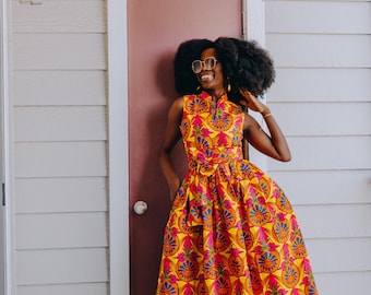 African Print Cotton Dress: Orange Women's Fashion