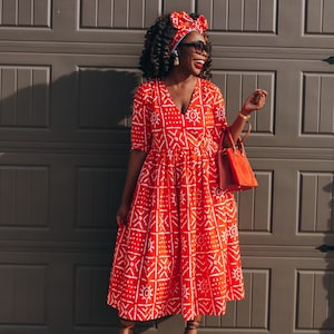 African print red summer dress