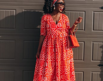 African print red summer dress