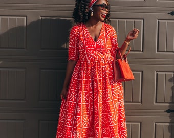 African print red summer dress