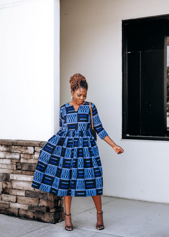 African Blue Print V Neck Midi Summer Dress Cocktail Party Dress Workwear