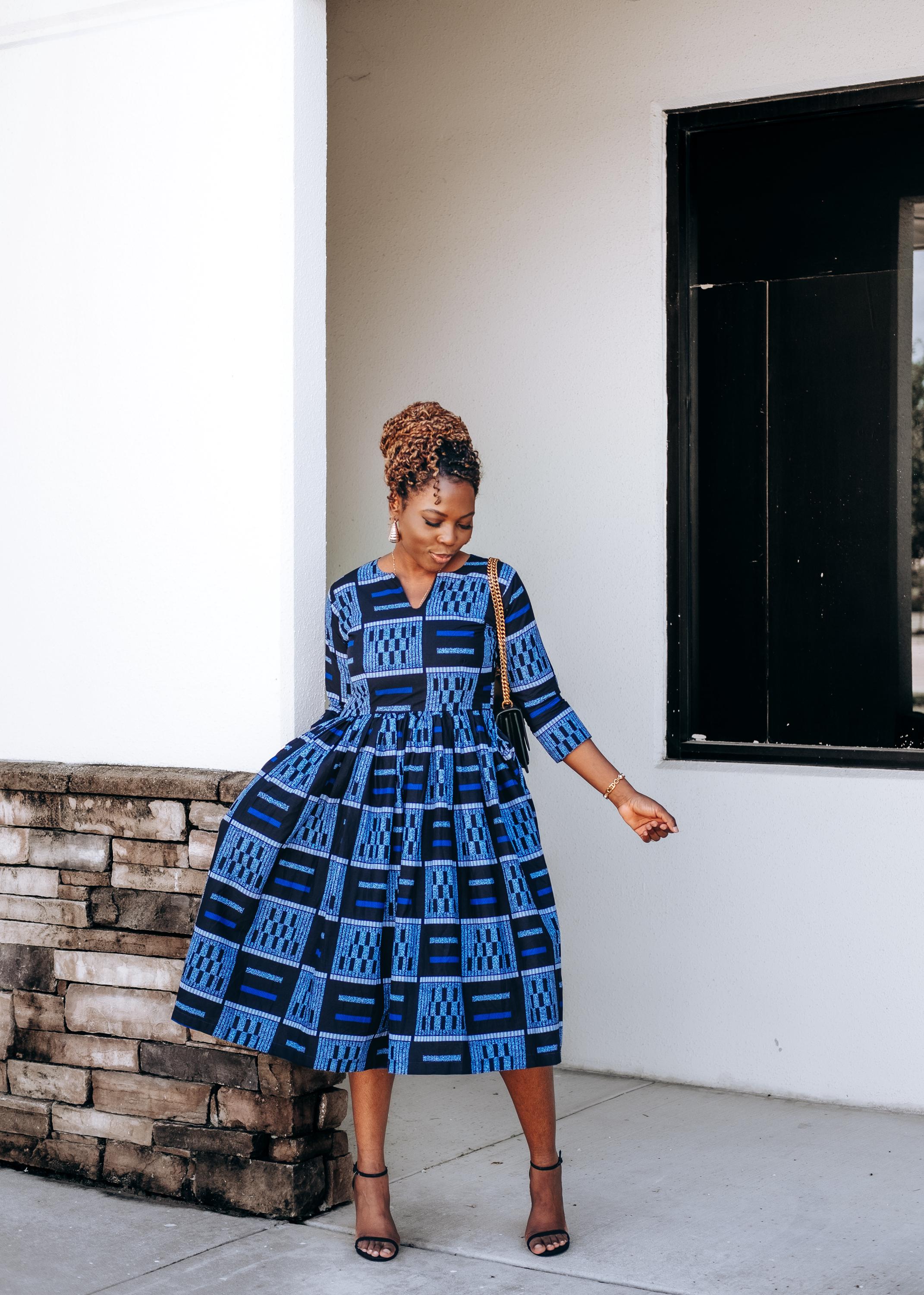 African Blue Print V Neck Midi Summer Dress Cocktail Party Dress Workwear