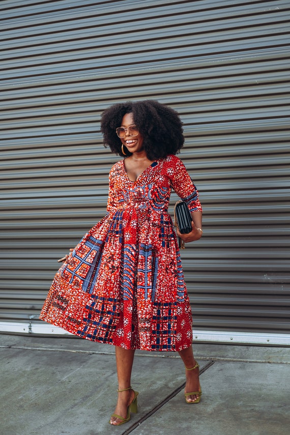 African Print V Neck Red Dress