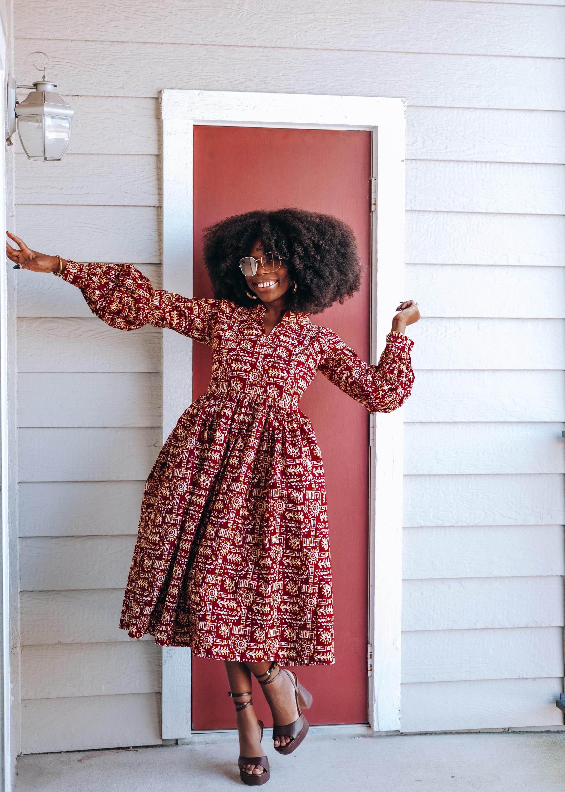 African Print Red Midi Dress: 100% Cotton Long Sleeve