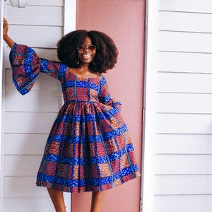African Blue Flare Sleeve Print Midi Summer dress