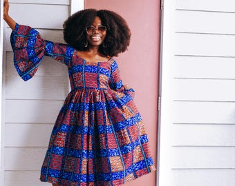African Blue Flare Sleeve Print Midi Summer dress