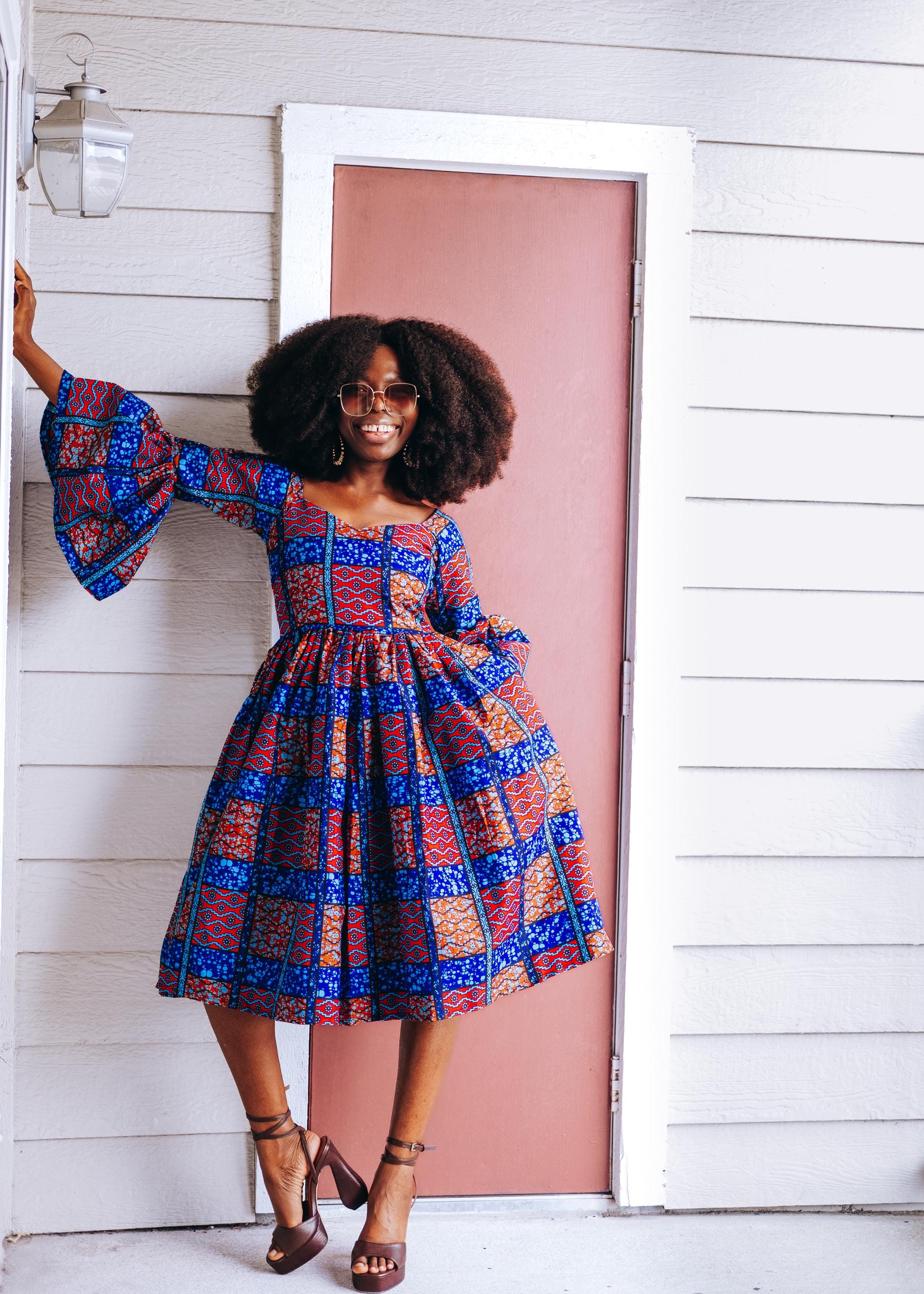 ワンピース Louren american sleeve flare dress African Blue Flare Sleeve Print Midi Summer Dress - Etsy