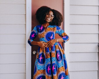African Print Maxi Blue Anakara Dress