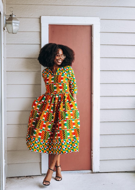 African Kente Print Midi Dress