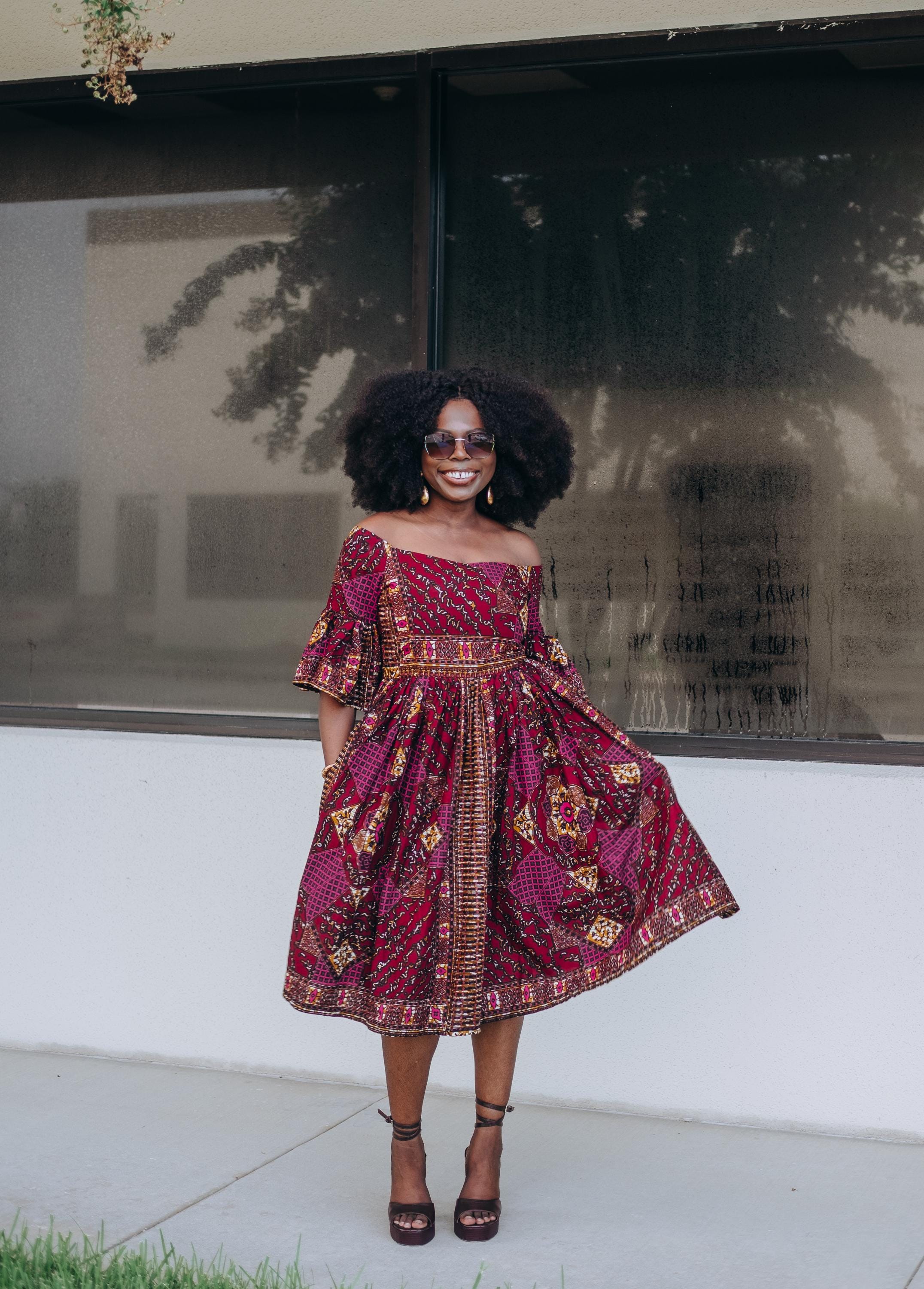 african print dress styles for ladies Off Shoulder Flare Sleeve Midi Fabric Type_Jersey