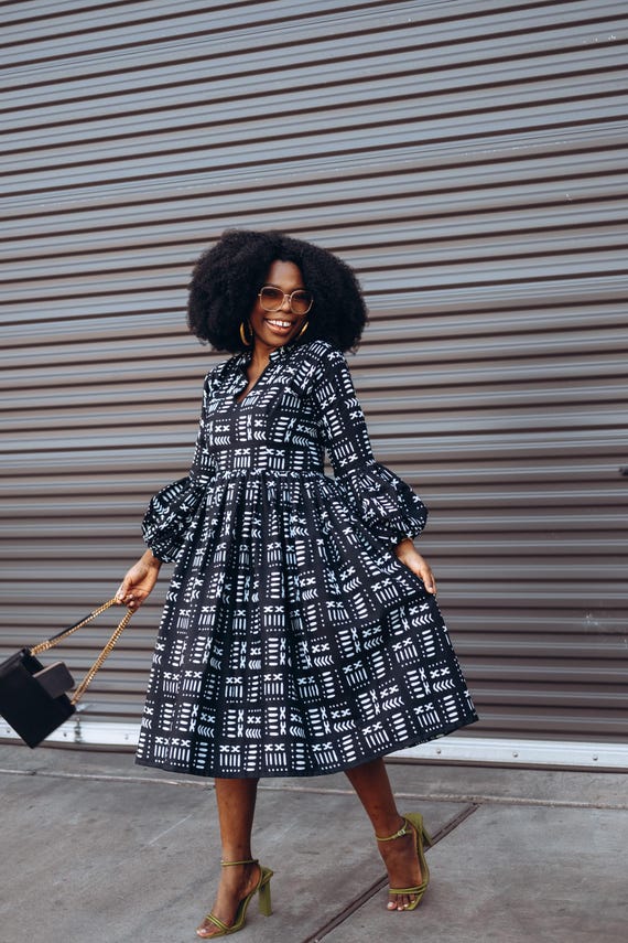 African Black & White dress Puff Long Sleeve