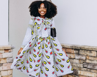 long sleeve traditional dresses African Print Dress Long Sleeve with Necktie