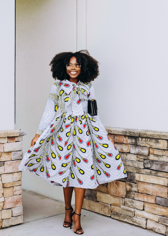 African Print Dress Long Sleeve with Necktie African Print Dress Long Sleeve with Necktie