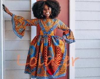 modern african dresses for ladies with sleeves African Print Flare Sleeve Dress