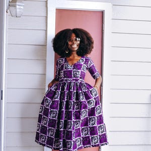 African Purple Print Short Sleeve Dress