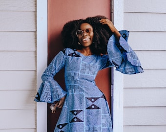 blue flare sleeve dress Ankara Midi Dress: African Print Summer Size:AU4 - (US0)