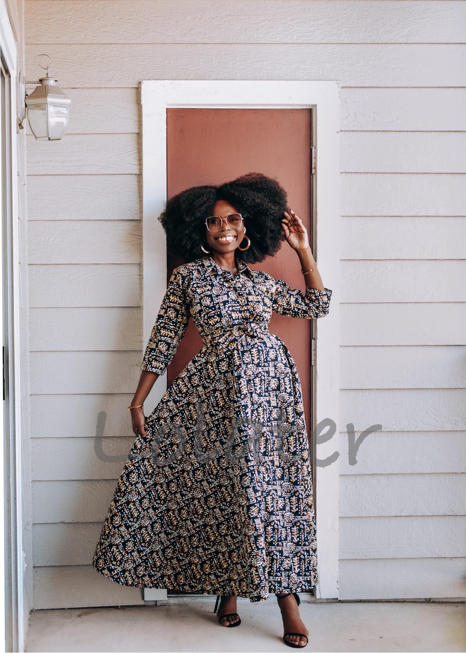 black african print dress Long Button Down Summer Maxi Dress The waist to hipline