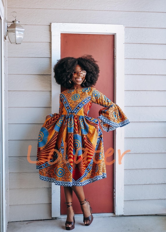 African Print Flare Sleeve Dress - Etsy Israel