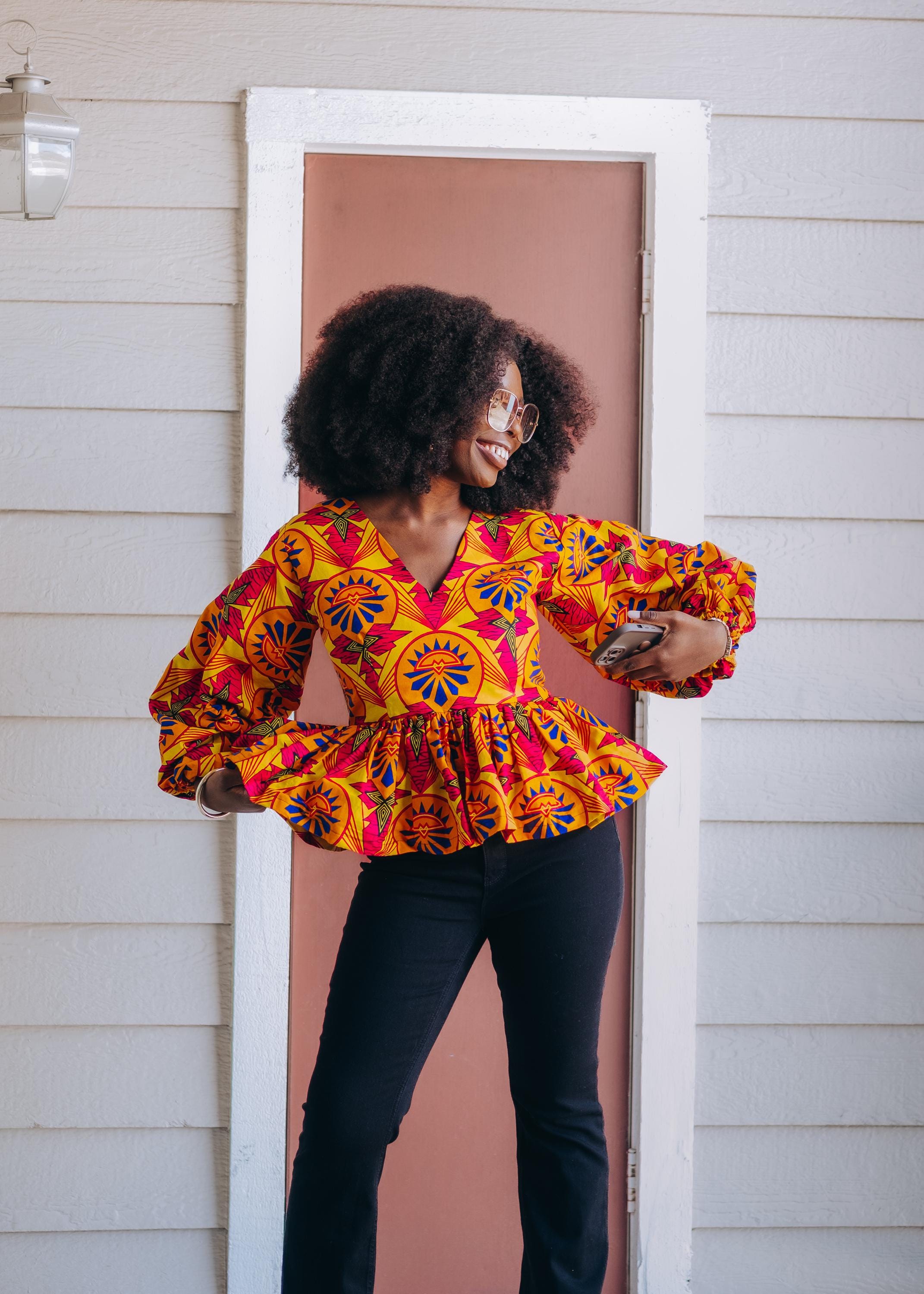 African Print Puff Sleeve Top Blouse Long Sleeve V Neck - Etsy