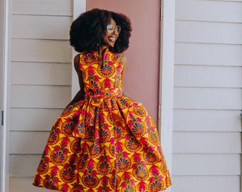 African Print Cotton Dress: Orange Women's Fashion African Print Cotton Dress: Orange Women's Fashion