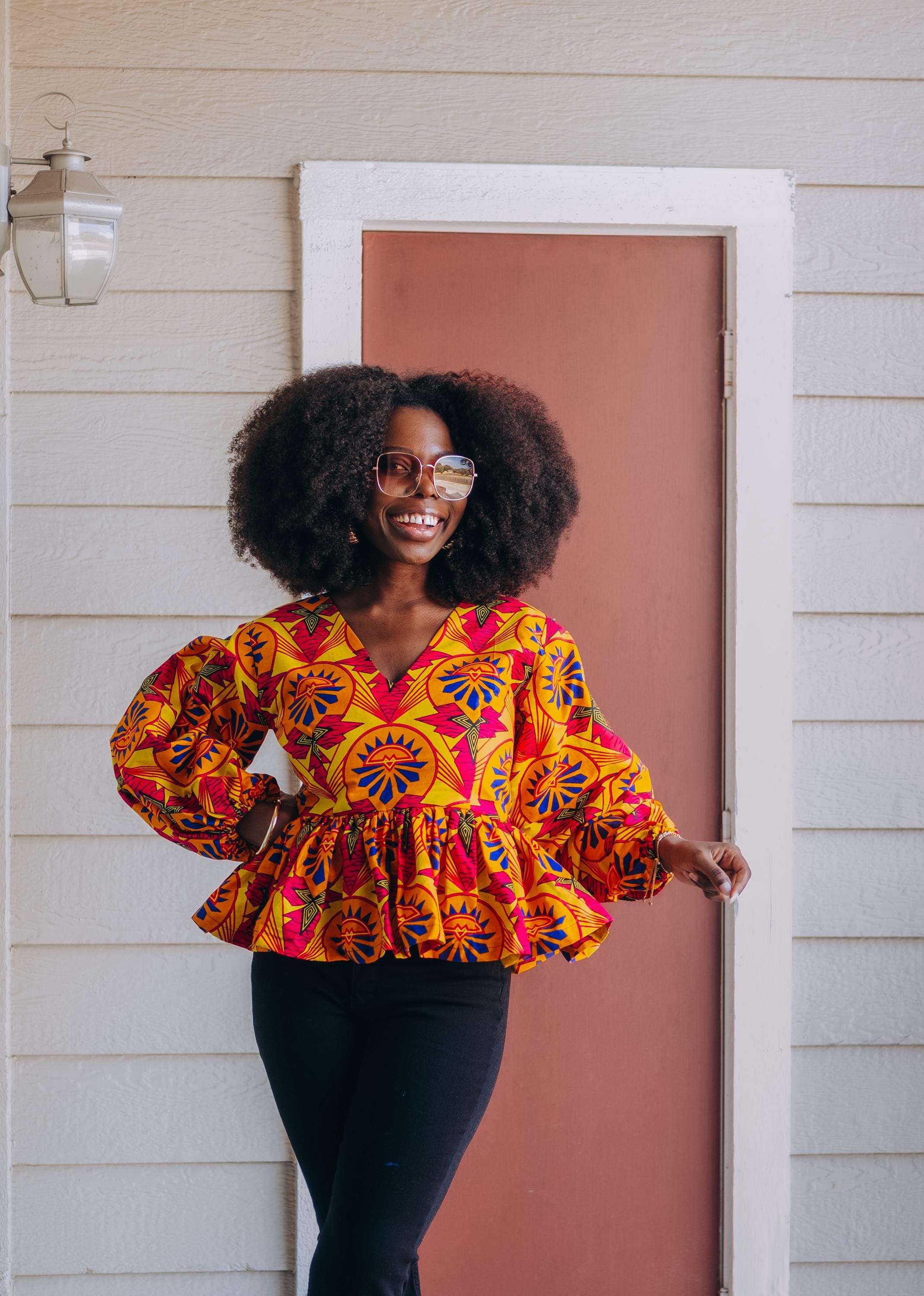 トップス Oriens Puff Sleeve Print Blouse African Print Puff Sleeve Top Blouse Long Sleeve V Neck - Etsy