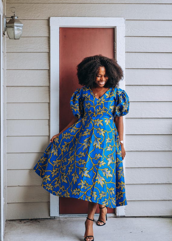 African print Blue Puff Sleeve Dress