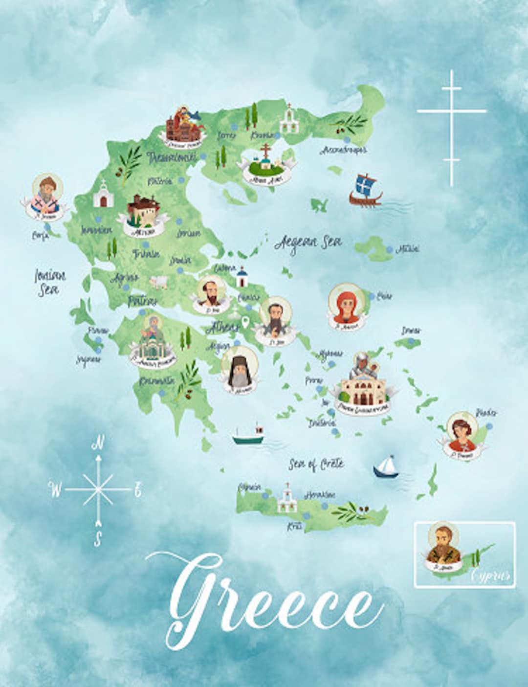 Digital Download Greek Orthodox Map of Greece and Cyprus