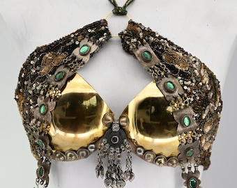 Vintage Green and Bronze Metal and Glass beaded bra