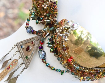 LAST ONE! Made to size Vibrant multi-bizarre colours with polished Gold metal bra