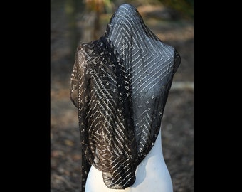 Antique Diamond Pattern Assuit Shawl, Black and Silver Coptic Scarf