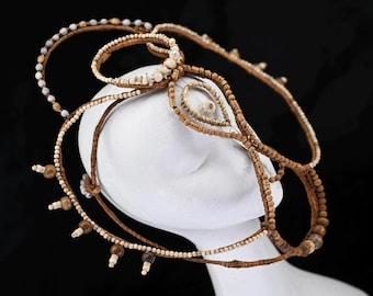 Woven Larvae Mask Beaded Fibre Sculpture