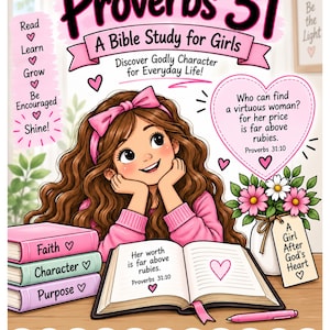 以下が含まれることがあります： Proverbs 31 A Bible Study for Girlsというタイトルのブックカバー。長い茶色の髪にピンクのリボンをつけた少女のイラストが描かれている。カバーにはテキスト、Faith、Character、Purposeと書かれた3冊の本の積み重ね、花の入った花瓶が含まれている。