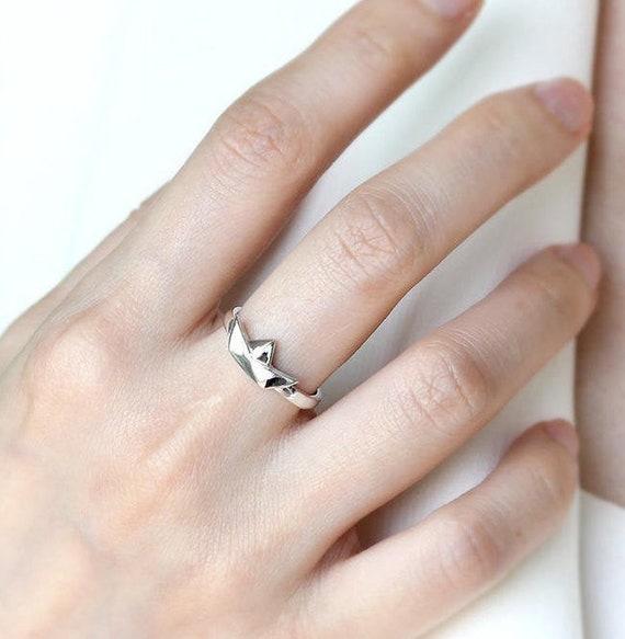 Cute Origami Boat Silver Ring Any Size Sterling Silver Boat Ring Original Boat Ship Band Jewelry