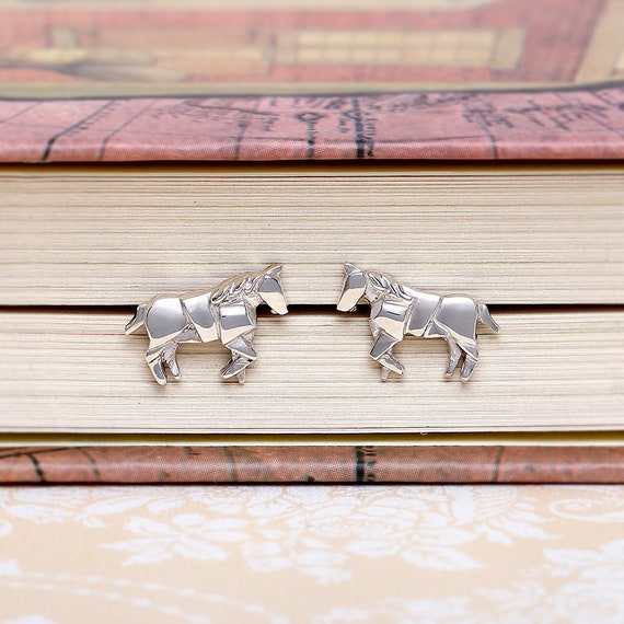 Origami Horse Silver Earrings Sterling Silver Horse Stud Earrings Origami Mustang Horse Studs Animal Jewelry