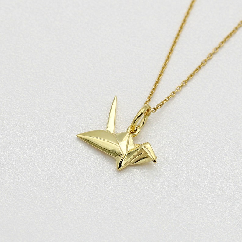 Gold Vermeil Sterling Silver| Longevity Crane Charm Pendant Engrave Origami Crane Necklace Meaningful Gift Independence Animal Jewelry