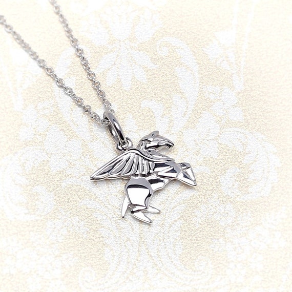 Flying Origami Pegasus Silver Necklace Sterling Silver Pegasus Charm Necklace Origami Pegasus Horse Pendant Animal Jewelry